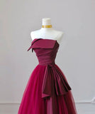 Chic Red A-Line Strapless Satin Tulle Long Prom Dresses HZ1024