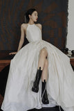 Ivory Satin Neckline High Slit Long Ball Gowns HZ1024