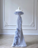 Blue Mermaid One Neck Strapless 3D Flower Beaded Tulle Floor Length Evening Dresses HZ1024