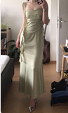 Green Slim Spaghetti Strap Satin Ankle Length Dress HZ1024