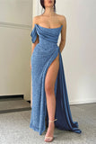Blue Strapless Strapless Satin Sequined High Split Prom Dress HZ1024