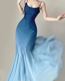 Gradient Blue Mermaid Spaghetti Strap Simple Ankle Length Prom Dresses HZ1024