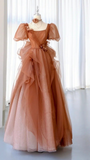 Brown A-Line Short Sleeve Tulle Long Prom Dresses Evening Gowns HZ1024