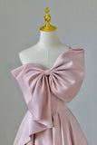 Pink A-Line One-Shoulder Satin Bow Long Prom Dresses HZ1024