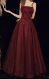 Burgundy A-Line Spaghetti Strap Tulle Long Prom Dresses HZ1024
