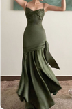 Chic Green Mermaid Spaghetti Strap Satin Long Prom Dresses HZ1024