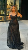 Sexy Black Mermaid Strapless Sequined High Split Long Floor Length Prom Dresses HZ1024