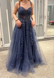 Blue V Neck A-line Applique Spaghetti Strap Long Prom Dresses HZ1024
