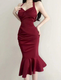 Burgundy Mermaid Neckline Sateen Irregular Hem Knee Length Gown HZ1024