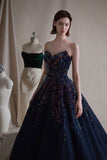 A-line Dark Blue Heart Shaped Neck Beaded Long Prom Dresses HZ1024