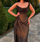 Sexy One Shoulder Black Mermaid Glitter Pleated Slit Long Prom Dresses HZ1024