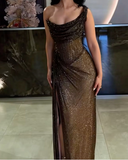 Sexy One Shoulder Black Mermaid Glitter Pleated Slit Long Prom Dresses HZ1024