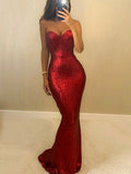 Red Sexy Mermaid Heart Neck Strapless Sequins Simple Long Prom Dresses HZ1024