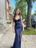 Navy Blue Mermaid Spaghetti Strap Lace Satin High Split Long Prom Dresses HZ1024