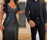 Sexy Black Mermaid V-Neck Spaghetti Strap Glitter Long Prom Dresses HZ1024