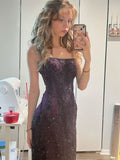 Purple Mermaid Sequined High Split Spaghetti Strap Long Prom Dresses HZ1024