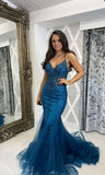Sequined Blue Mermaid Spaghetti Strap Tulle Long Prom Dresses HZ1024