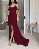 Burgundy Strapless Straps Multi Layered Ruffle Split Long Dress HZ1024