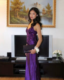 Purple Lace Sexy High Split Spaghetti Strap Satin Long Prom Dresses HZ1024