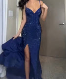 Jewel Blue V-Neck Piece Spaghetti Strap High Split Long Prom Dresses HZ1024