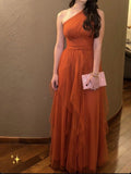 Orange A-Line One-Shoulder Tulle Long Prom Dresses HZ1024