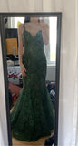 Green Lace Mermaid Spaghetti Strap Long Prom Dresses HZ1024