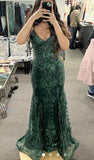 Green Lace Mermaid Spaghetti Strap Long Prom Dresses HZ1024