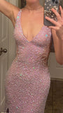 Pink V Neck Straps Sequins Cutout Split Long Prom Dresses HZ1024