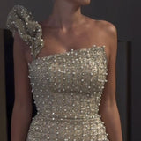 Ivory One Shoulder Pearl Bodycon Long Ball Gown HZ1024