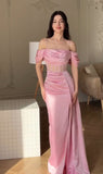 Simple Pink Mermaid Off-the-shoulder Satin High Slit Long Ball Gown HZ1024