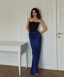 Elegant Mermaid Blue Off-the-shoulder Strapless Satin Long Ball Gown HZ1024