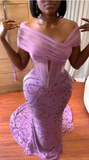 Pink Mermaid Off-the-shoulder Sequin Beaded Floor-length Evening Dress HZ1024