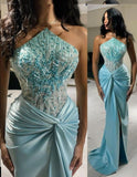Mermaid Blue Off-the-shoulder Irregular Neck Beaded Satin Slit Long Ball Gown HZ1024