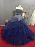 Navy A-Line Tulle Silver Beaded Sequin Strapless Evening Gown HZ1024