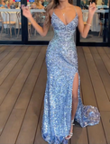Blue spaghetti strap mermaid sequined side slit long prom dress HZ1024