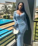 Blue lace long sleeve mermaid long evening gown prom dress HZ1024