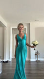 Simple Lake Blue V-neck Sleeveless Mermaid Satin Long Ball Gown HZ1024