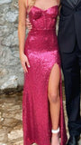 Bright Pink Sequin Spaghetti Strap Slit Long Evening Dress HZ1024