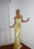 Yellow mermaid deep V-neck straps silk long evening gown ball gown HZ1024