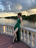 Green V-neck satin straps high slit sexy long dress HZ1024