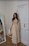 Soft satin champagne long-sleeved high-neck tea dress HZ1024