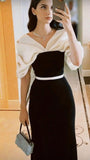 Elegant Black V-neck Short-sleeve Formal Dress Evening Gown HZ1024