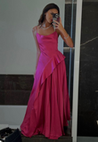 Soft Bright Pink Satin A-Line Spaghetti Strap Long Ball Gown HZ1024