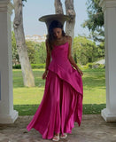 Soft Bright Pink Satin A-Line Spaghetti Strap Long Ball Gown HZ1024