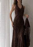 Brown halterneck A-line sleeveless lace long evening dress HZ1024