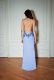 Blue low-cut spaghetti strap off-shoulder backless satin long evening gown HZ1024