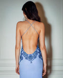 Blue low-cut spaghetti strap off-shoulder backless satin long evening gown HZ1024