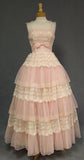 Pink A-line Spaghetti Strap Bowknot Lace Layered Tulle Long Birthday Dress Party Dress HZ1024