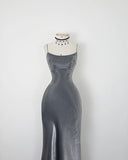 Grey Mermaid Velvet Spaghetti Strap Formal Prom Dress Evening Gown HZ1024