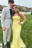 Cute Mermaid Yellow Spaghetti Strap Tulle Long Ball Gown HZ1024